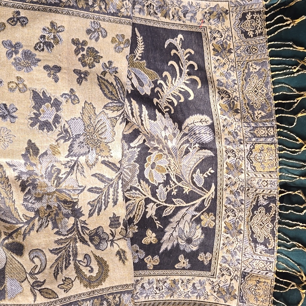 Reversible Black Gold Jacquard Pashmina Scarf Shawl Wrap Floral 66x27 - Picture 15 of 17